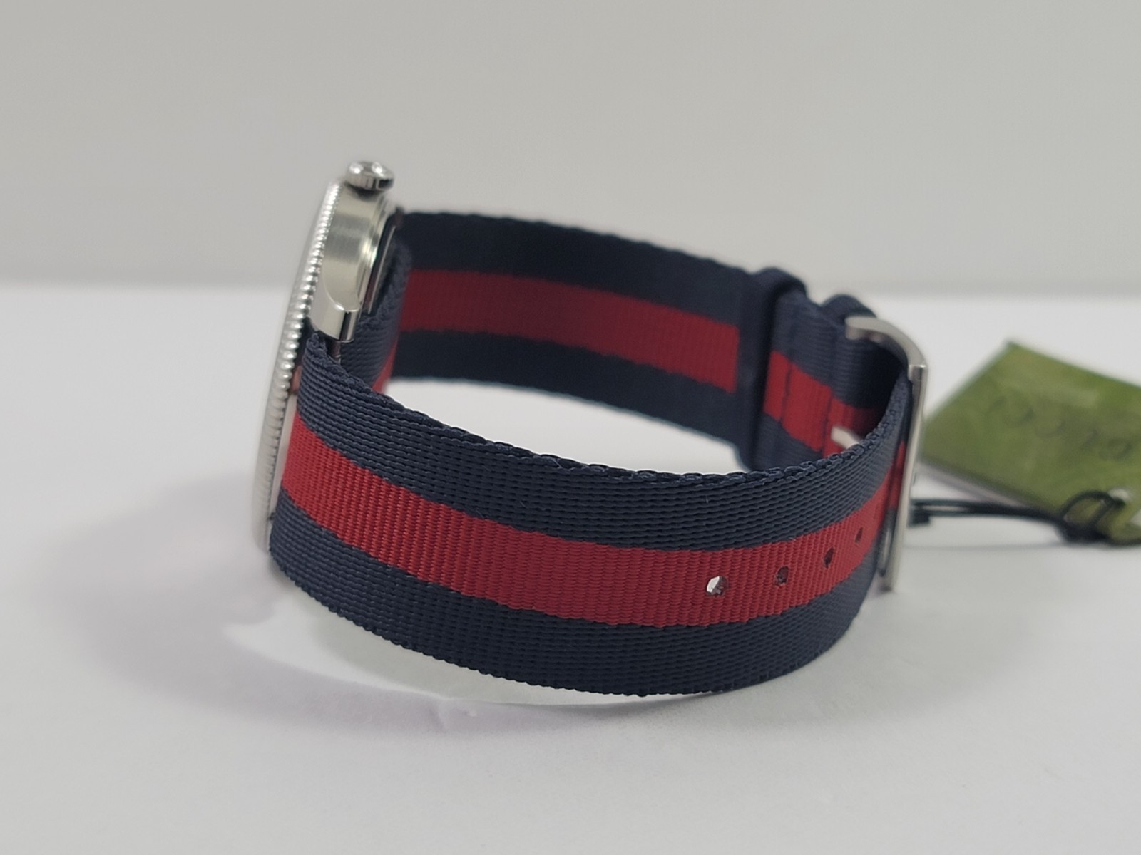 Gucci G-Timeless SWISS Quartz Silver Dial Blue Red Nylon Strap Watch YA1264237