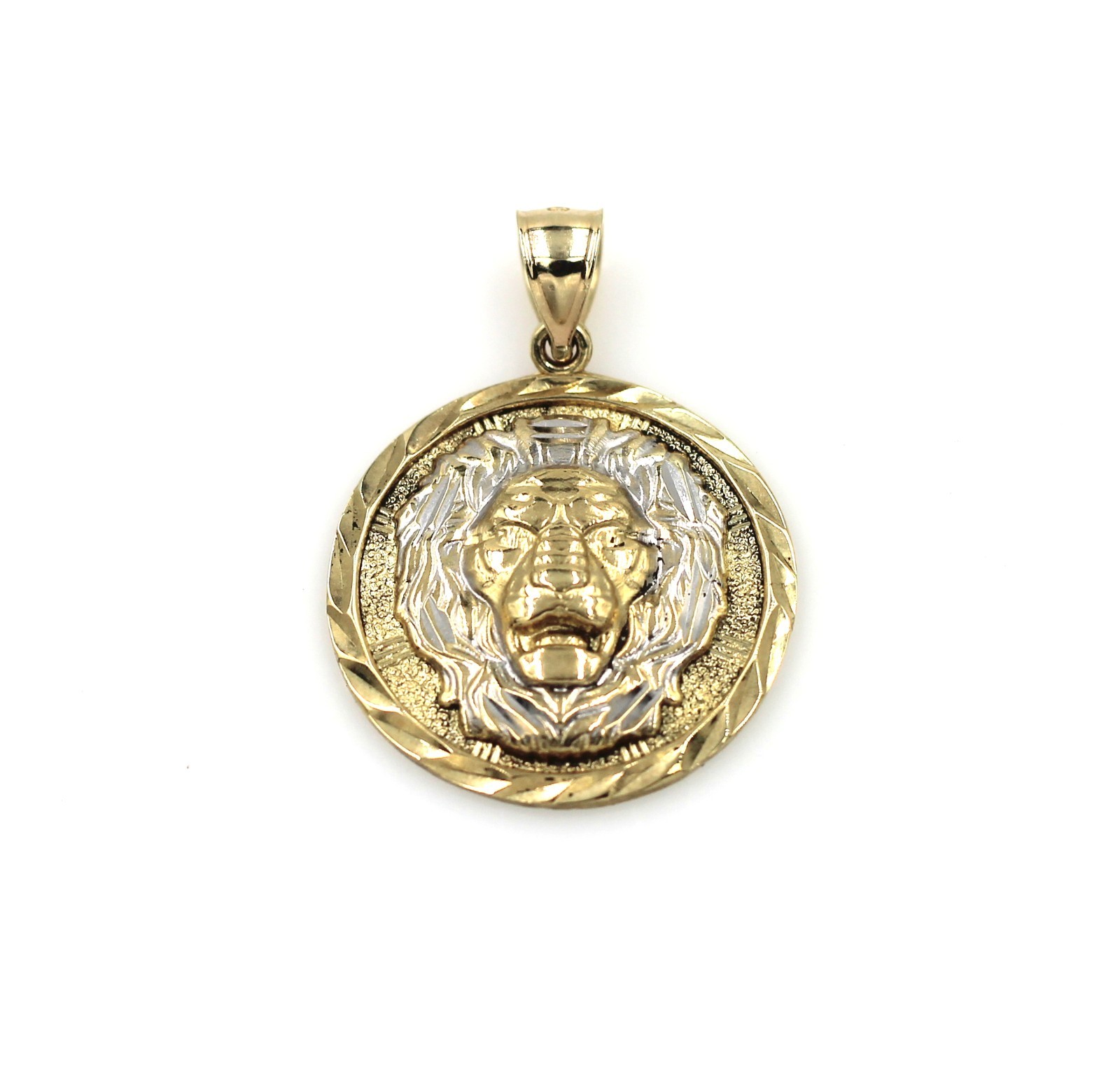 10k Two-Tone Gold Round Lion Head Diamond-Cut Medallion Pendant Charm LEO 3.9g