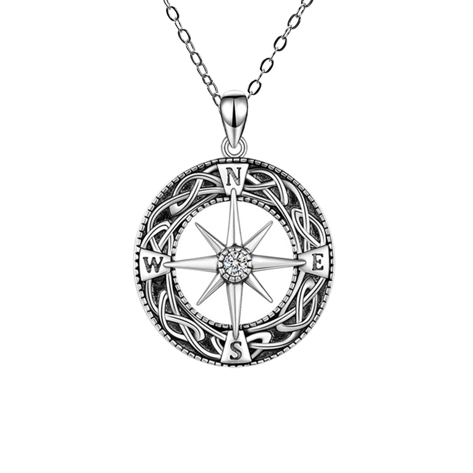 Cable Chain Necklace Pendant Compass Zircon 925 Sterling Silver Lady/Mr