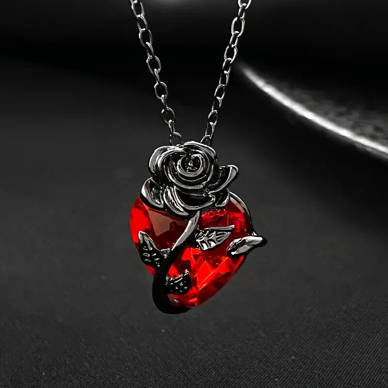 Rose Flower Pendent Necklace Gift Fashion Red Heart Shape Gemstone Jewelry Gift