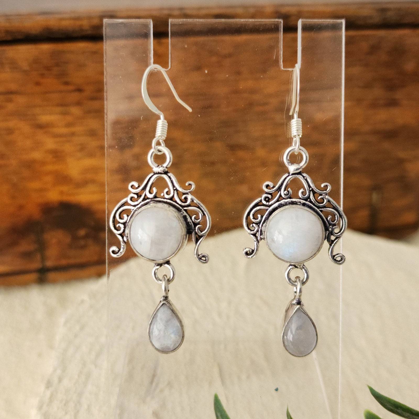 925 Overlay 12.2mm Rainbow Moonstone 2″ Drop Earrings