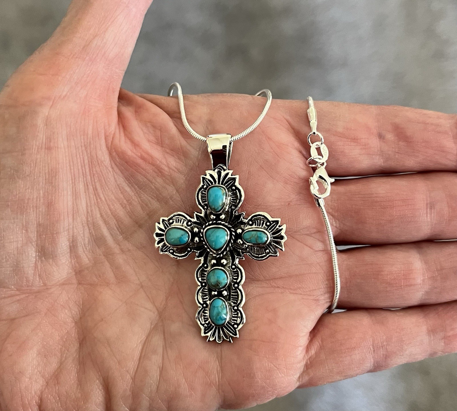 Sterling Silver Genuine Turquoise Cross Pendant & 20” SS Necklace Gorgeous!!🩵⭐️