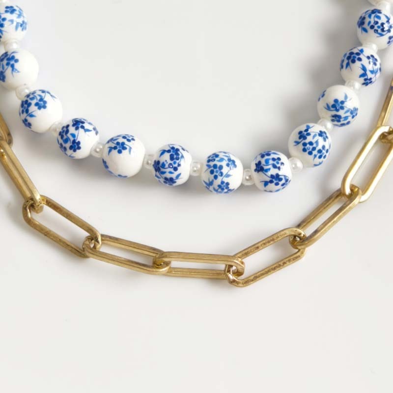 16″ Cabi Ceramic Beads Layered Necklace Gift Retro Women Party Vacation Jewelry