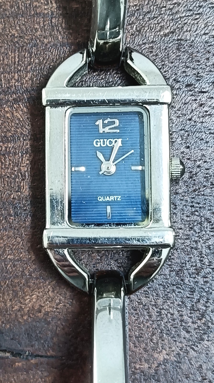 Vintage Gucci 6800L Ladies Bangle Watch- Blue Striped Dial-Working-17.5cm Approx