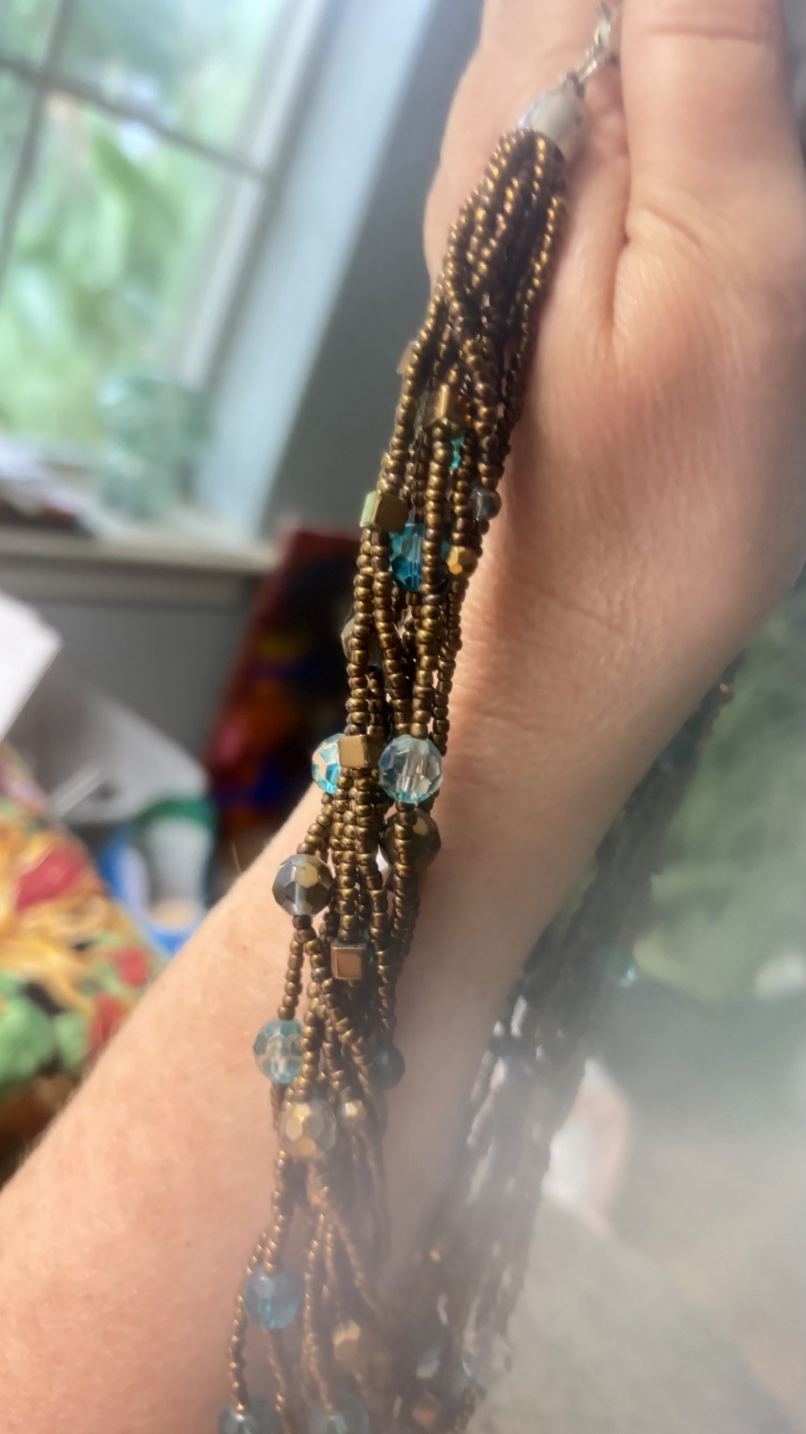 Boho Multi-Strand Bronze Beaded Necklace Swirl Glass Pendant Teal Accents