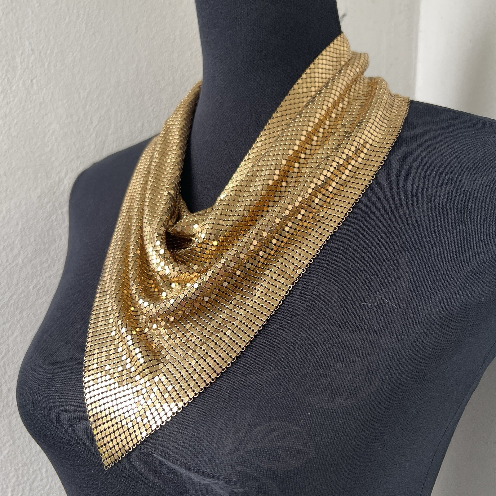 XL Vintage Chainmail Mesh Disco Scarf Bib Necklace Gold Bandanna Collar Cowl 24”