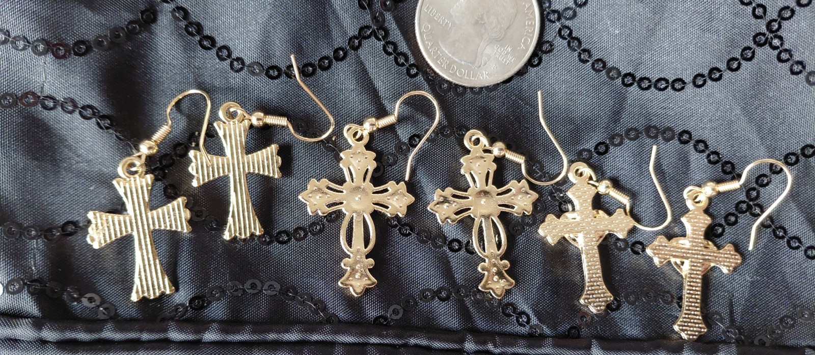 3 Pairs Of Cross Earrings Gold Tone New Rhinestones Free Shipping Heavier Made