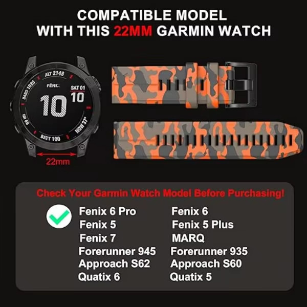 QuickFit 22mm 26mm Camouflage Silicone Strap For Garmin Fenix 8X 7X 7 Plus Epix