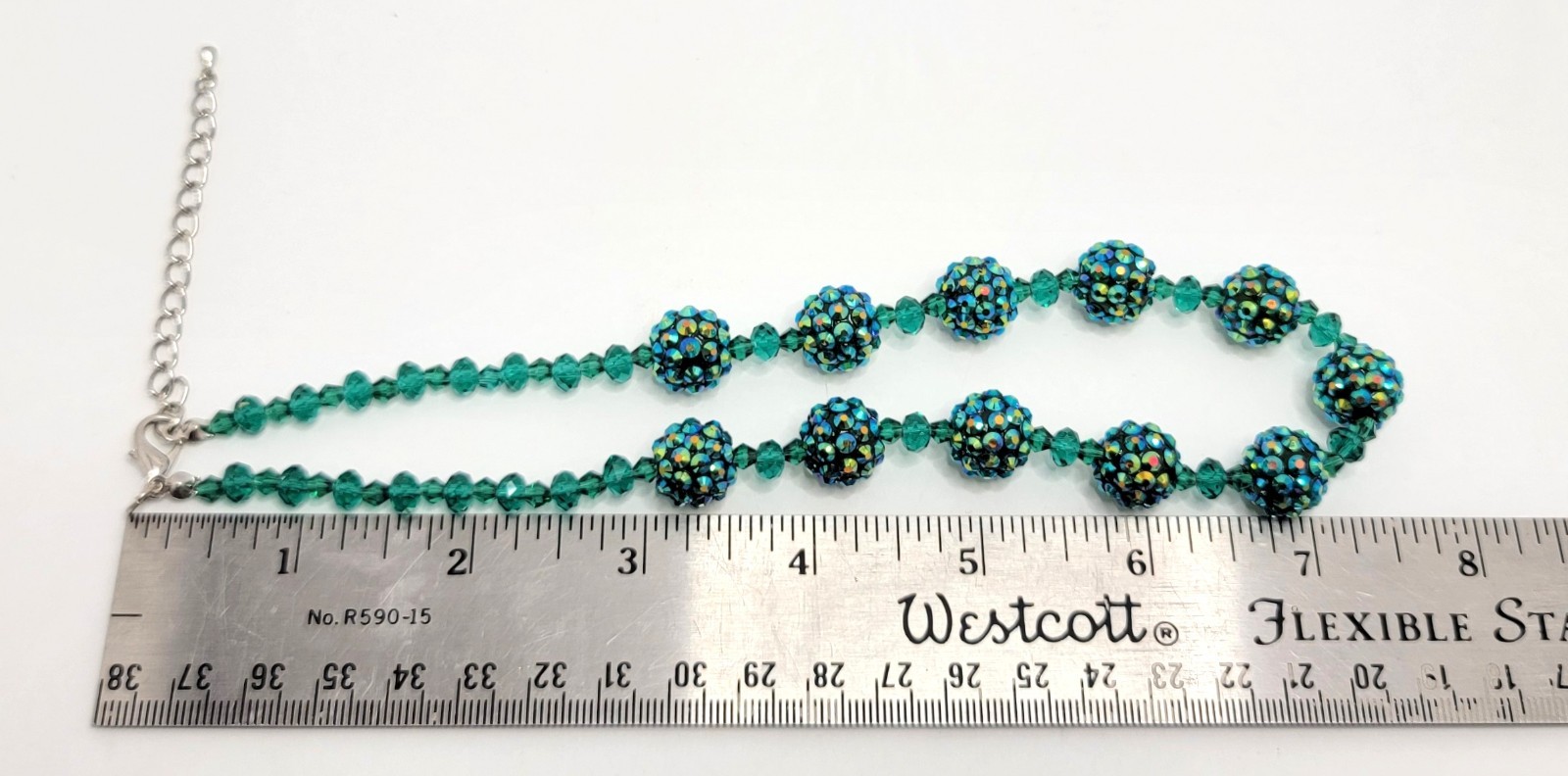 Crystal Beaded Choker Necklace Earrings Set AB Teal Green Rhinestone Disco Ball