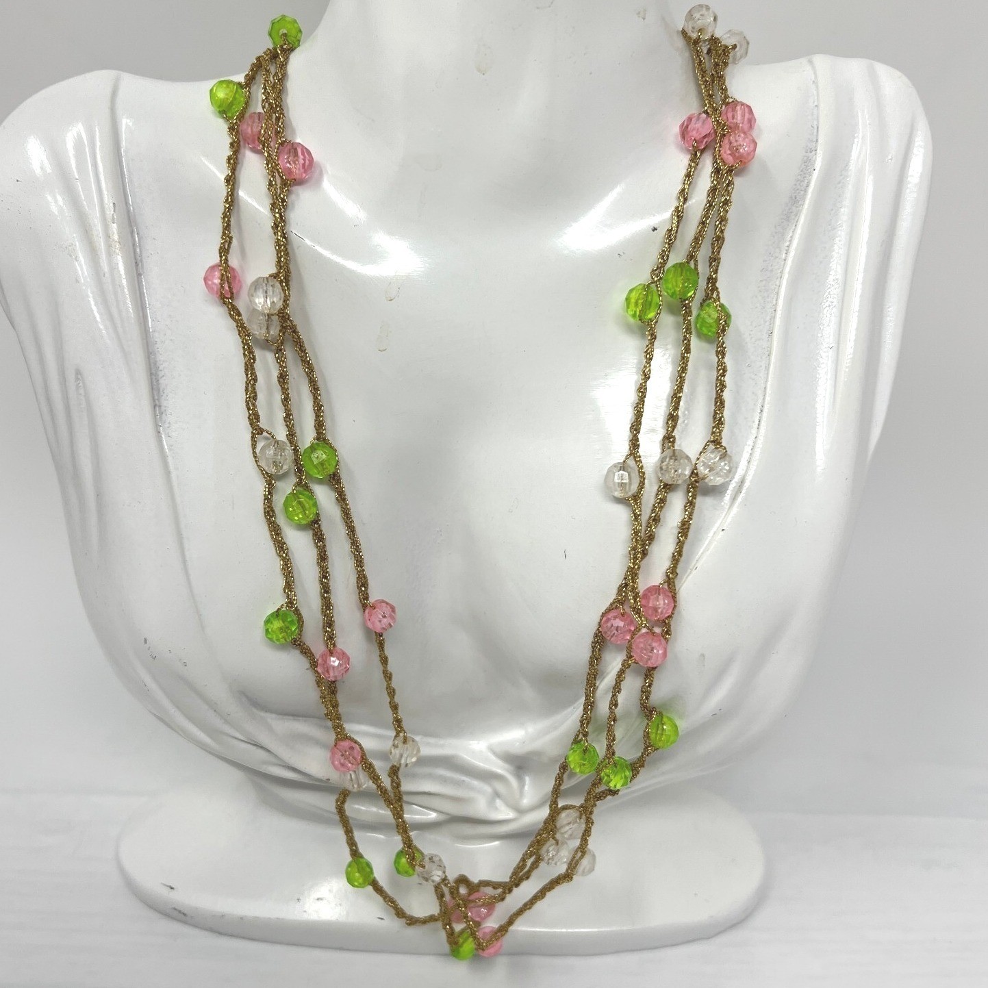 Vintage Long Necklace Braided Gold Tone Chain Green Pink and White Beads 72 inch