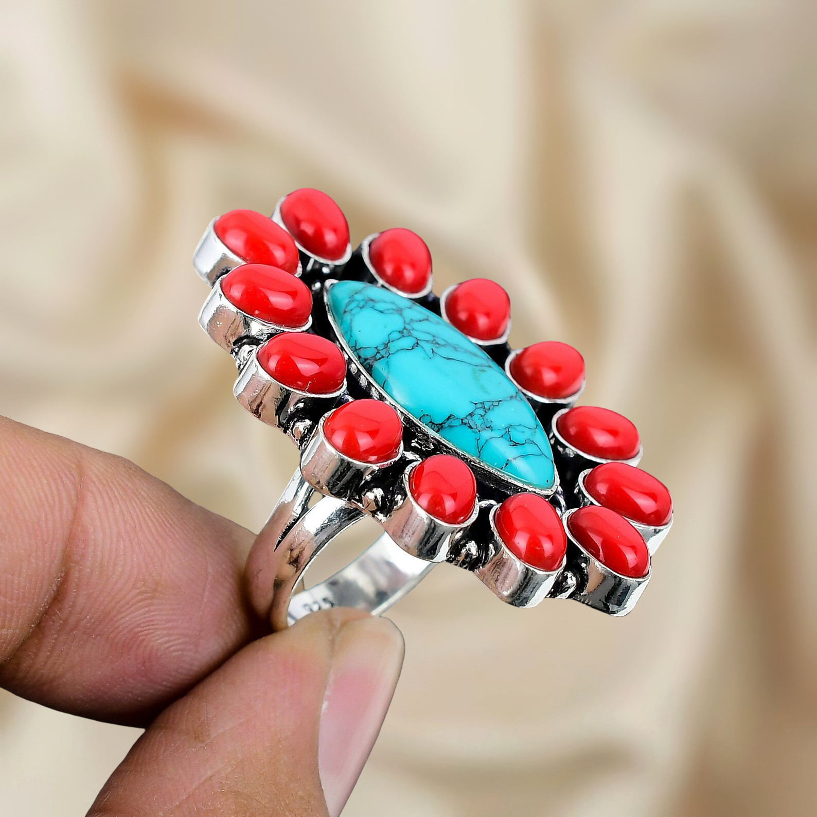 925 Sterling Silver Ring Turquoise Gemstone Ring Silver Statement Ring