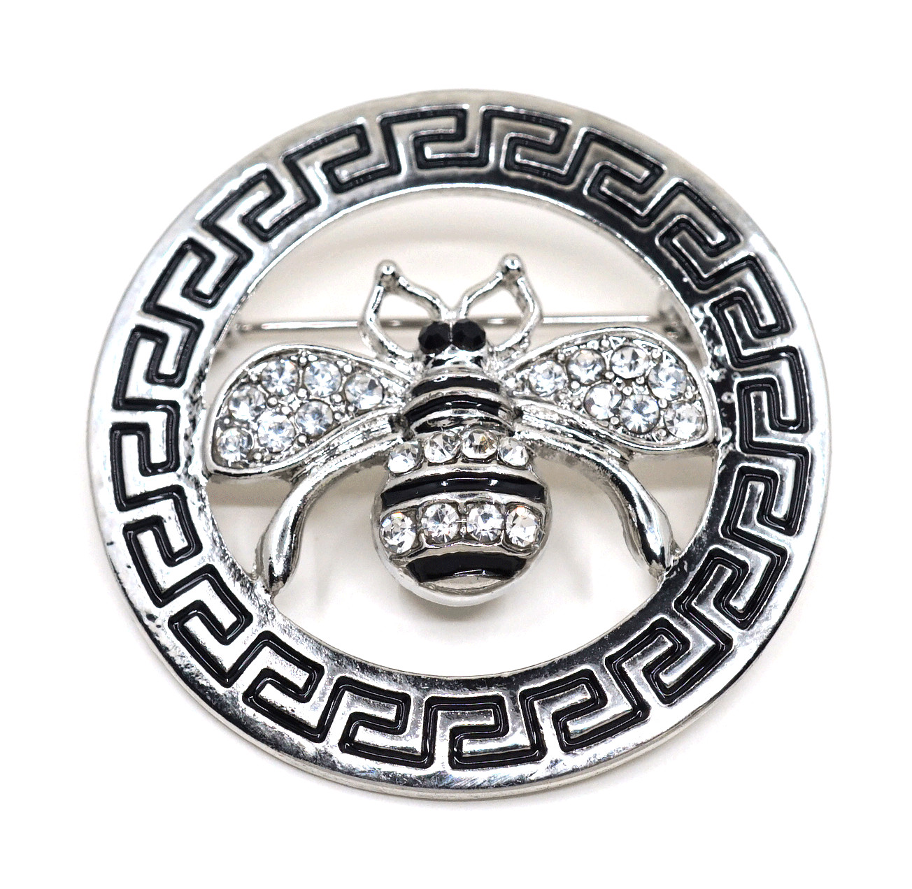 TB Crystal Rhinestone Honey Bee Enamel Coated Greek Square Circle Jeweled Brooch