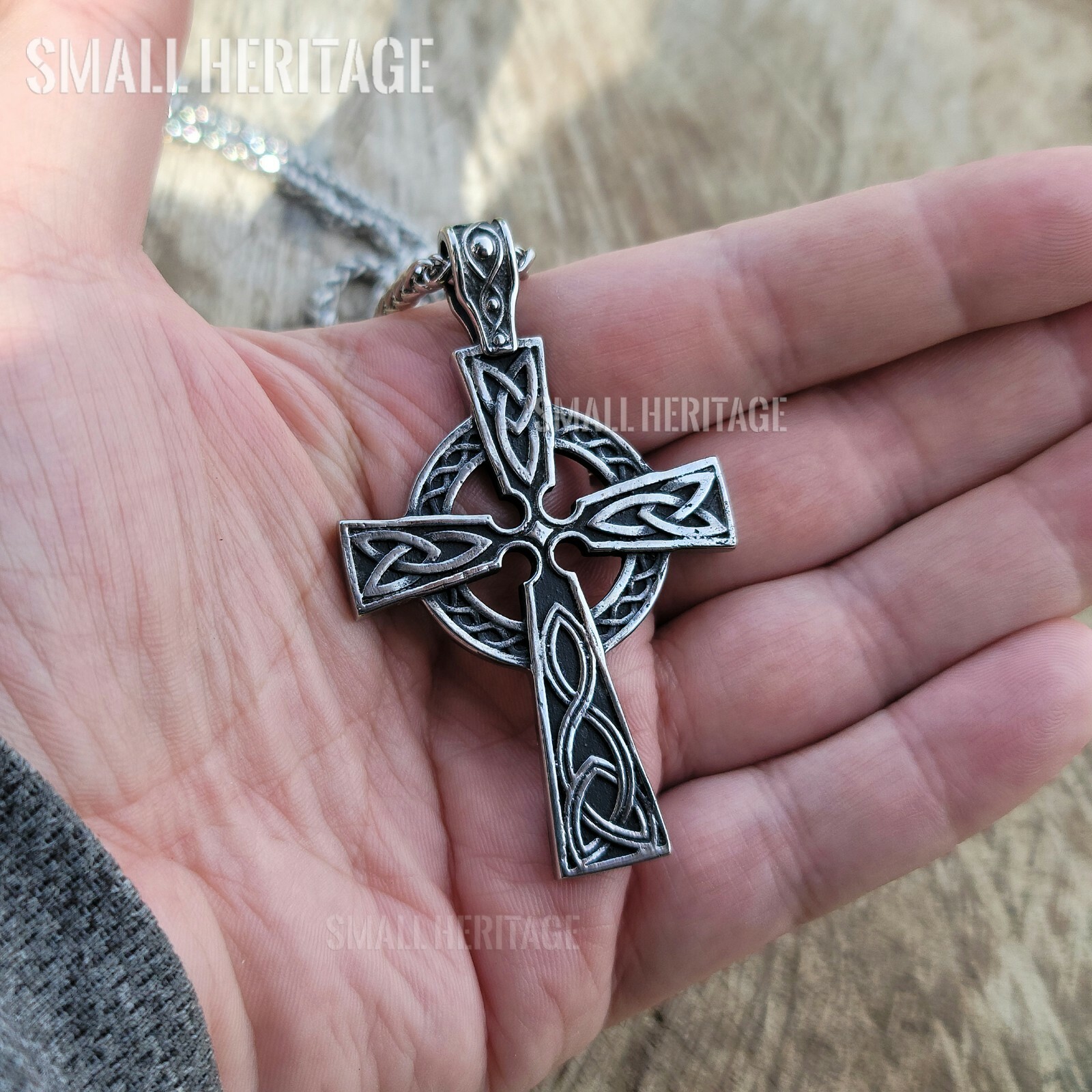 Stainless Steel Irish Celtic Cross Necklace Norse Viking Knot Large Pendant Men