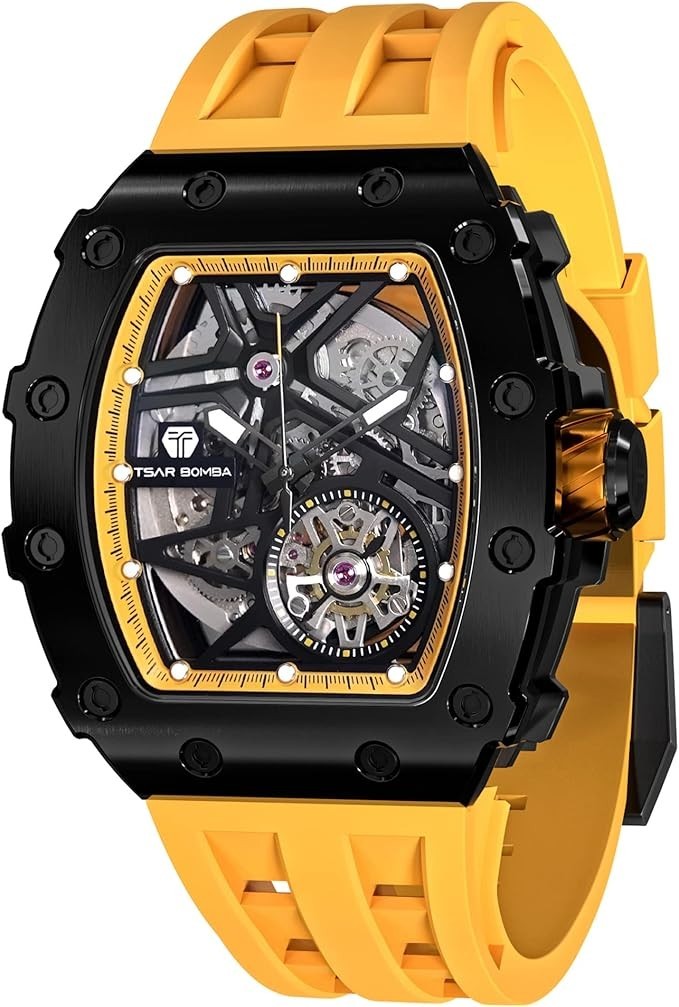 TSAR BOMBA Men’s Automatic Watch Tonneau Luxury Skeleton Yellow SGLZTB8209-F