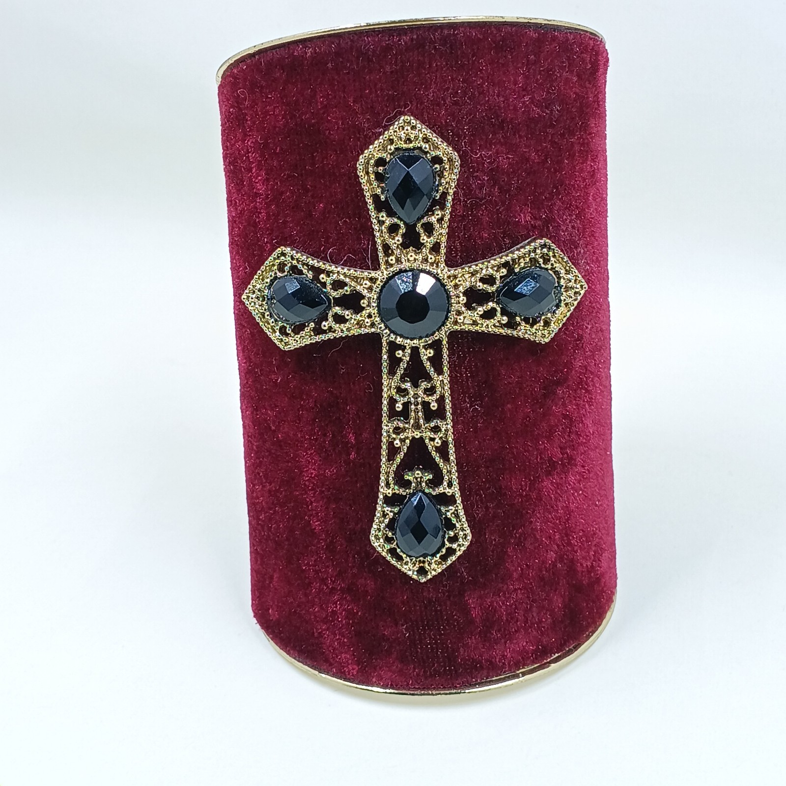 Vintange Cross Cuff Bracelet Red Velvet Gold Tone Black Rhinestones
