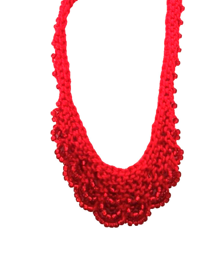 Boho Women’s Choker Style Necklace Red Crocheted Seed Beads Barrel Clasp