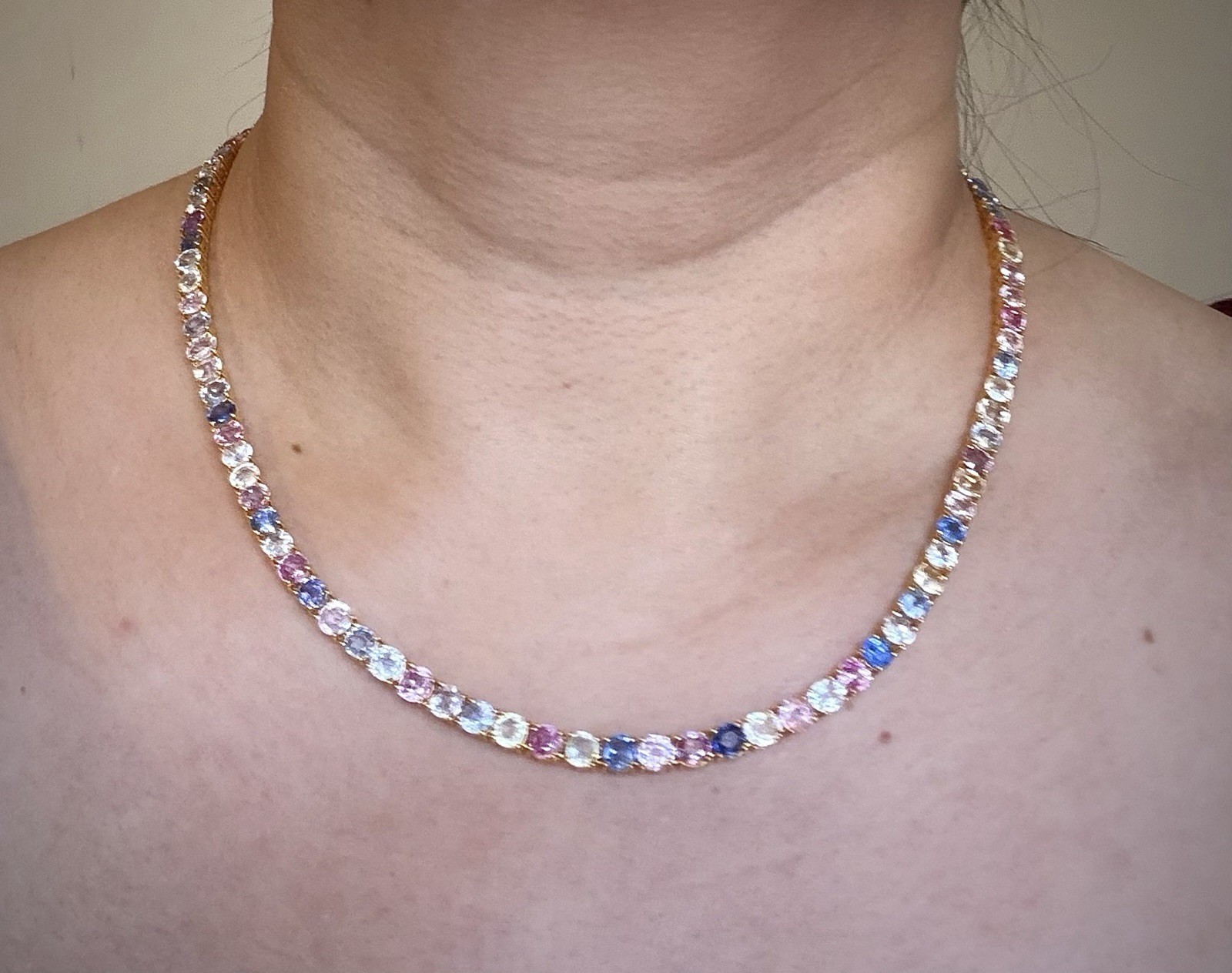 Certified Natural Burma Mogok Multicolor Sapphire 19K Yellow Gold TennisNeckalce