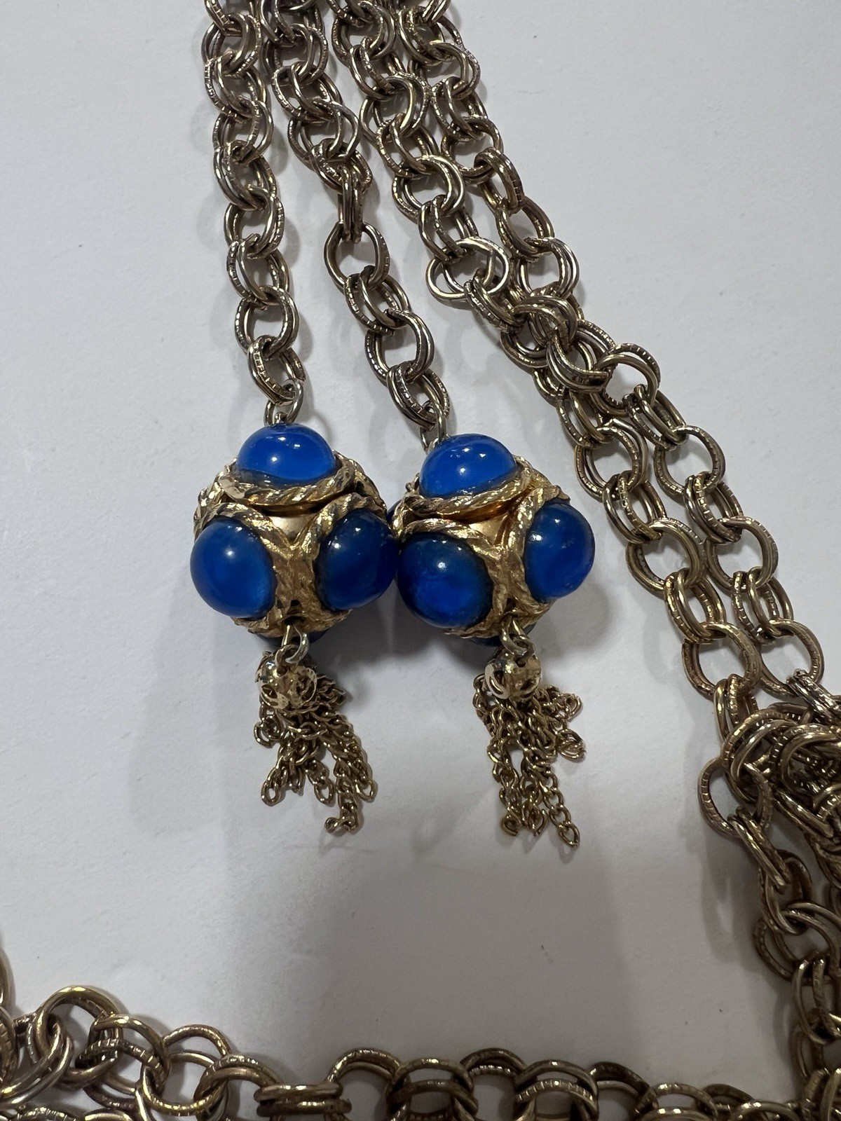 VTG 70s Sapphire Blue Mogul Glass Cabochon Lariat Tassel Necklace Belt Gold Tone
