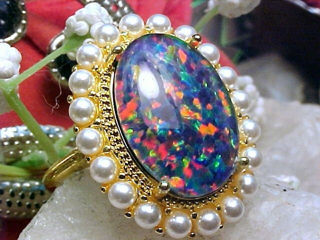 Gilson Opal Triplet 18x13mm & Pearl 2.1mm Ring 925 SS/14k Yellow Gold Finish