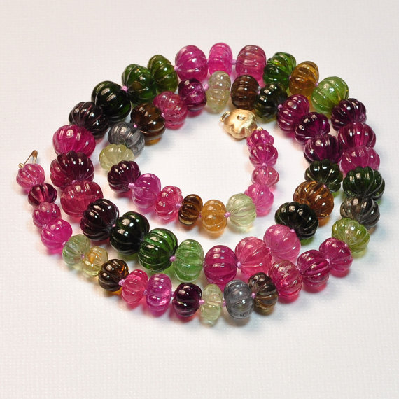 7.2mm-11.6mm Fine Tourmaline Carved Melon Bead Necklace 14K Diamond clasp