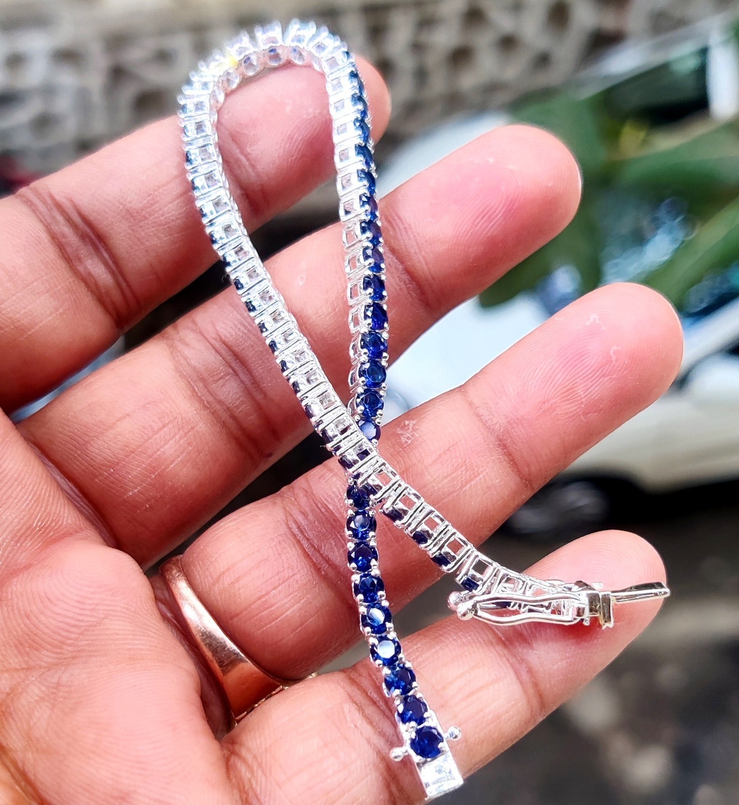 6Ct Lab Created Blue Sapphire Tennis Bracelet 7.5″ 14K White Gold Plated Silver
