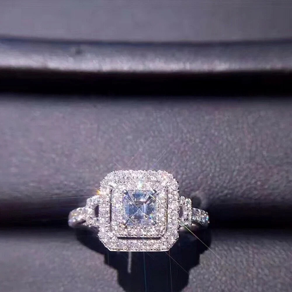 2.80 CT Asscher Cut Moissanite Double Halo Engagement Ring Solid 14K White Gold