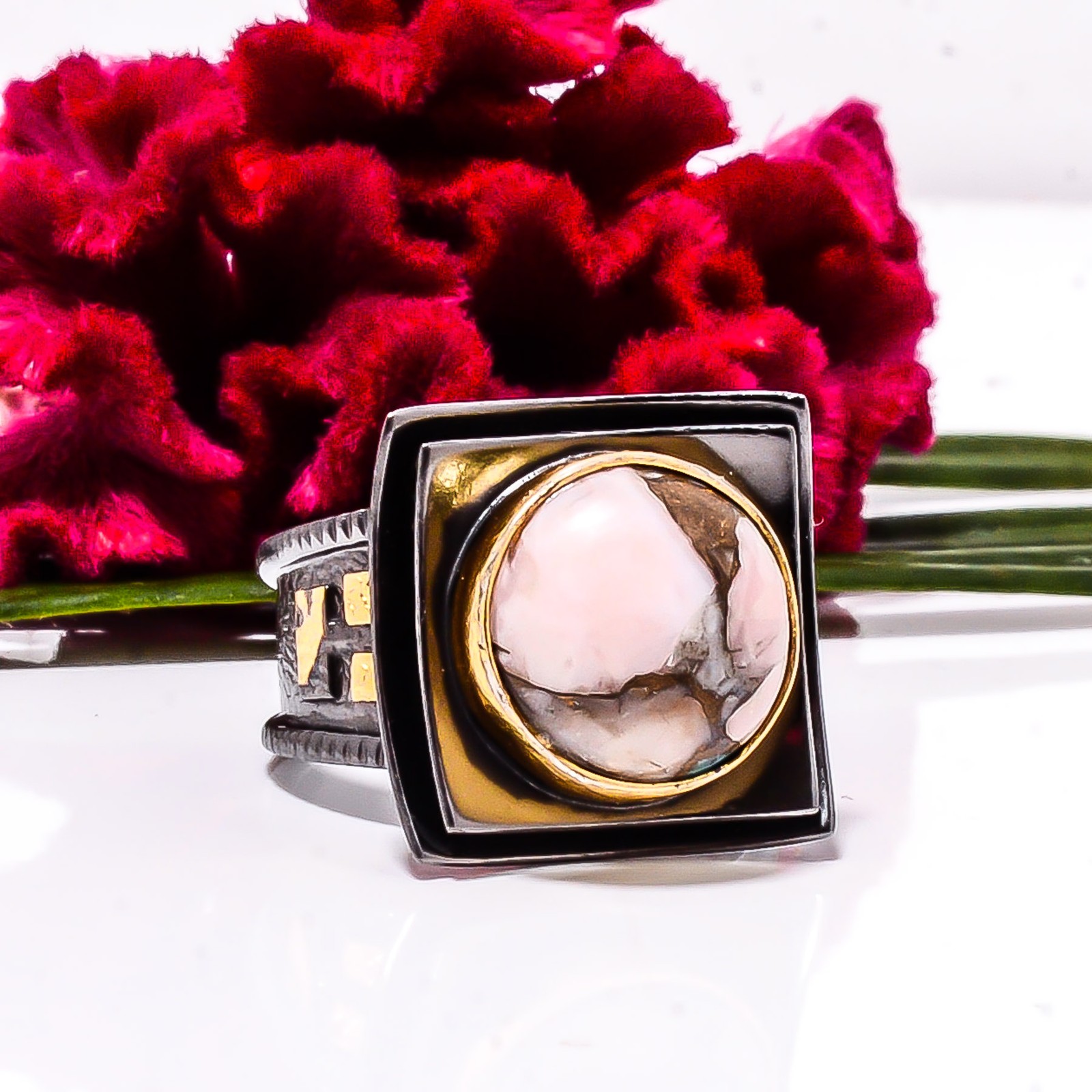 Copper Pink Opal – Peru Black And Gold Plated 925 Sterling Silver Ring s.8 Sku56