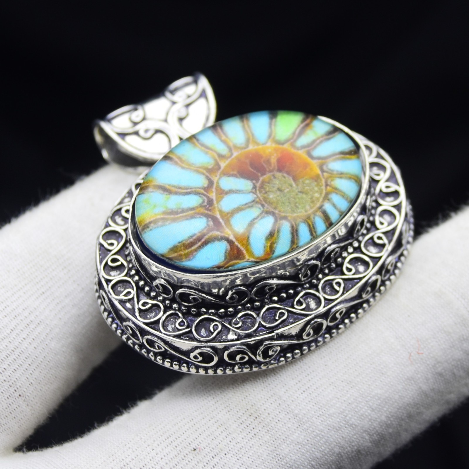 Ammonite Fossil Gemstone Pendant Handmade 925 Sterling Silver Jewelry 1.75″