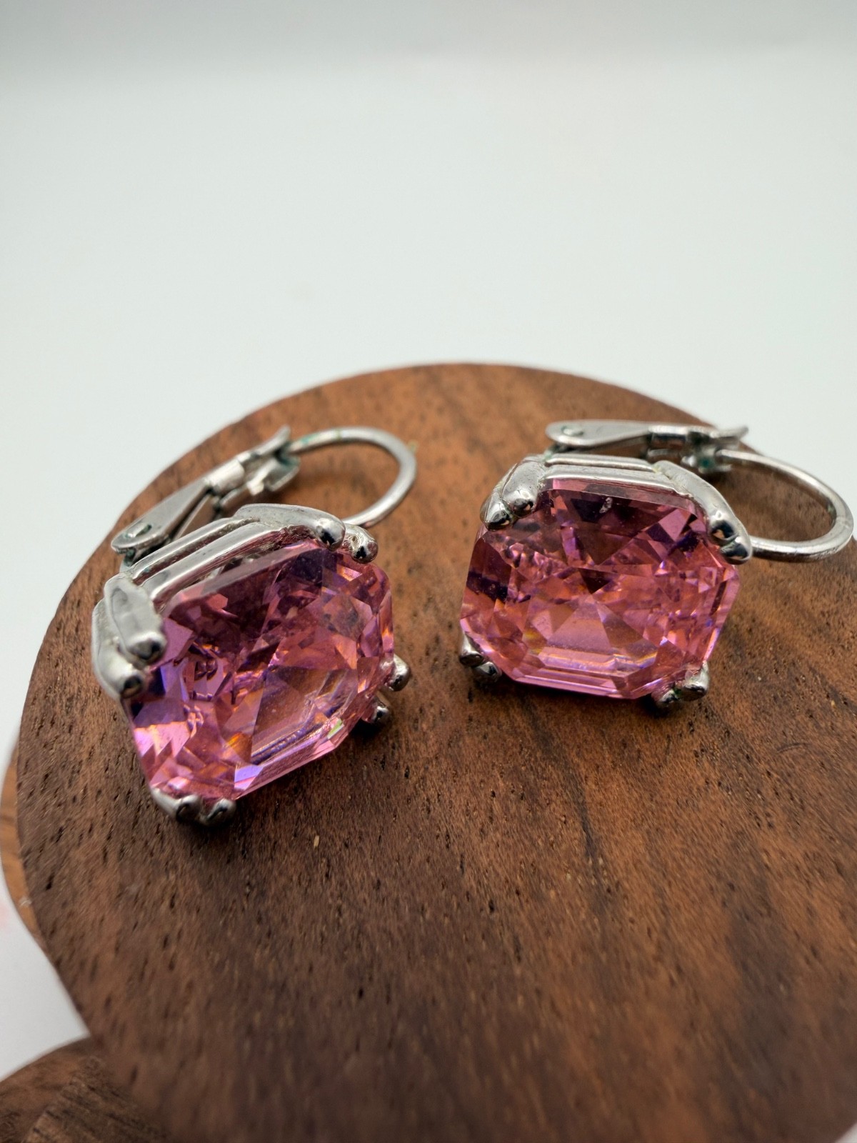 10mm Pink Cubic Zirconia CZ Asscher Cut Leverback Earrings Silver Tone Statement