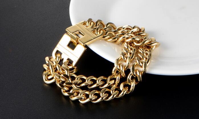 18mm 9” (23cm) Gold Stainless Steel Smooth Two Rows Curb Link-chain Bracelet