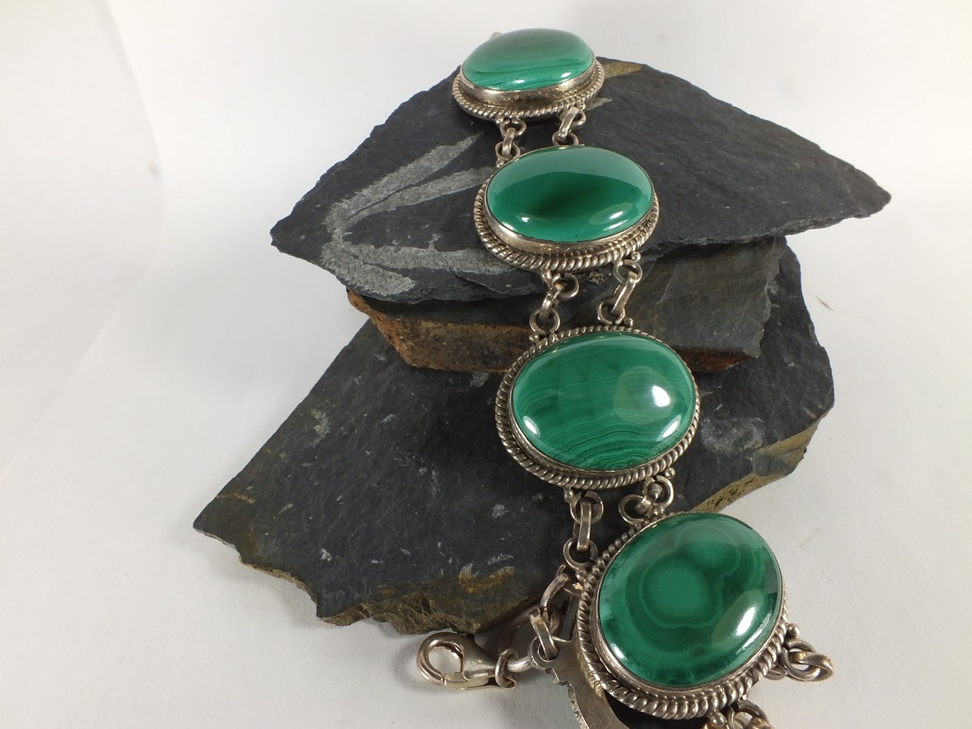 Natural Malachite Gemstone Crystal Bracelet (EA5490) 925 silver bezel cabochon