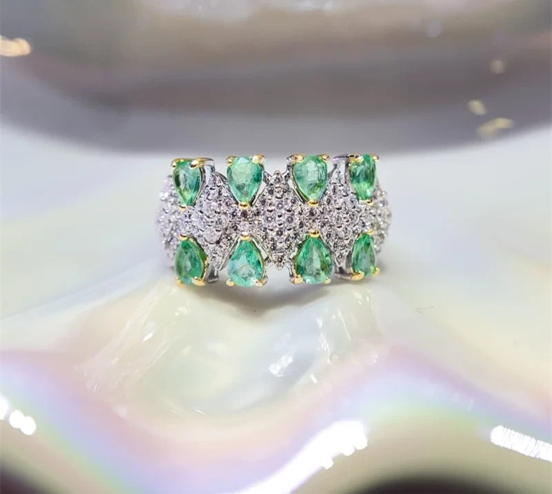 Natural Emerald Double Layer Band Ring 3x4mm 925 Sterling Silver with Platinum