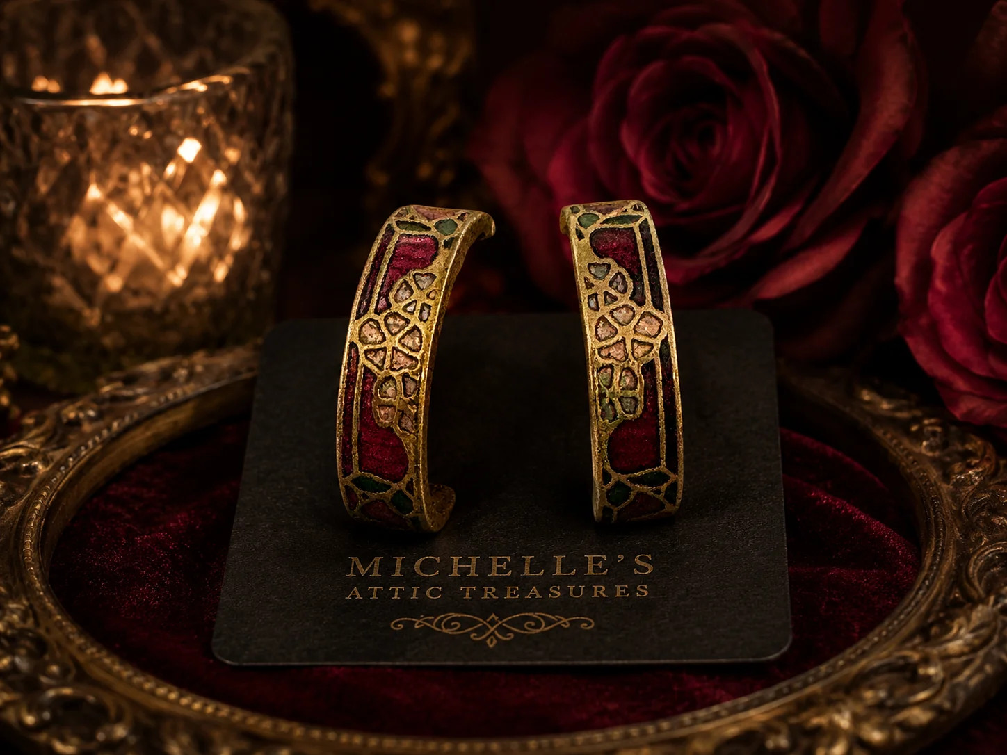 Vintage Cloisonné Style Floral Hoop Earrings