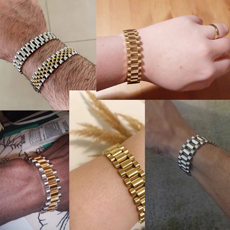 15MM Wide 8/8.86‘’ Watch Chain Wristband Bracelet Gold Plated Stainless Steel