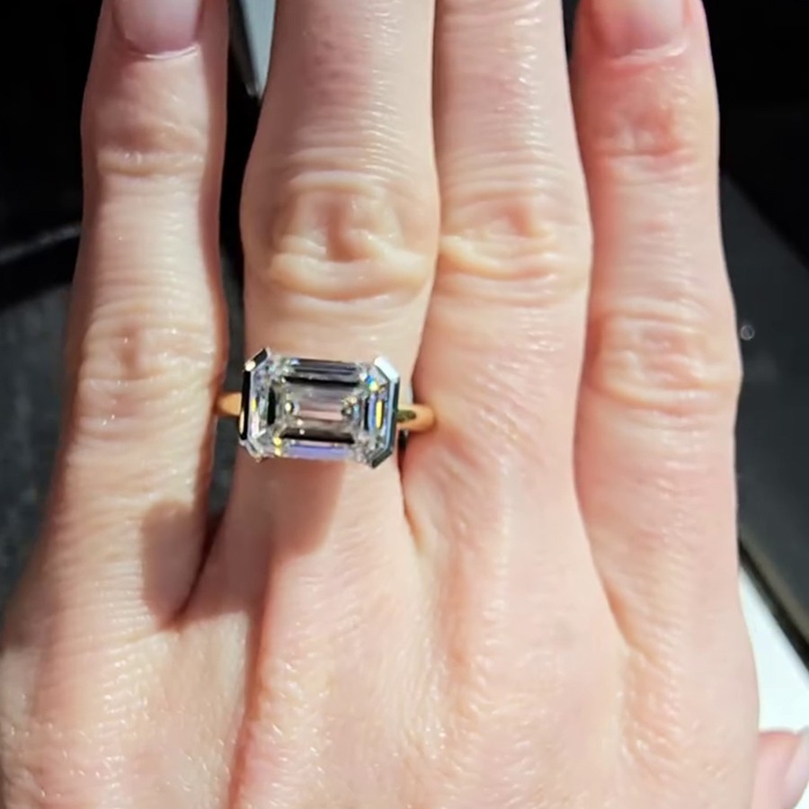 3.0 CT Emerald Cut Moissanite Half Bezel Engagement Ring 14K Yellow Gold Plated