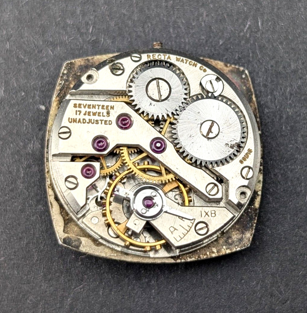 Vintage RECTA Watch Co Rounded Square Art Deco 20mm Movement for PARTS or REPAIR