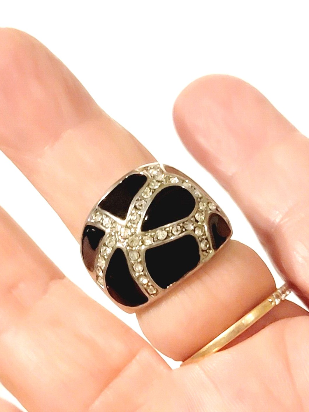Modernist Black Enamel Rhinestone Ring Size 6.5 Contemporary Jewelry r-38