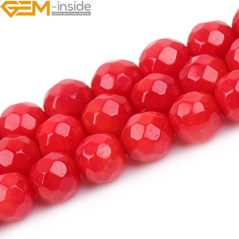 Faceted Red Coral Beads 15″ – Dyed Round Loose Gemstone Jewelry Making Strand”