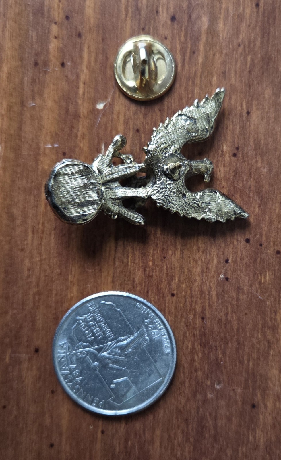 Vintage Gold Tone Eagle Crown Lapel Pin Blue Stone Cabochon Heraldic Brooch