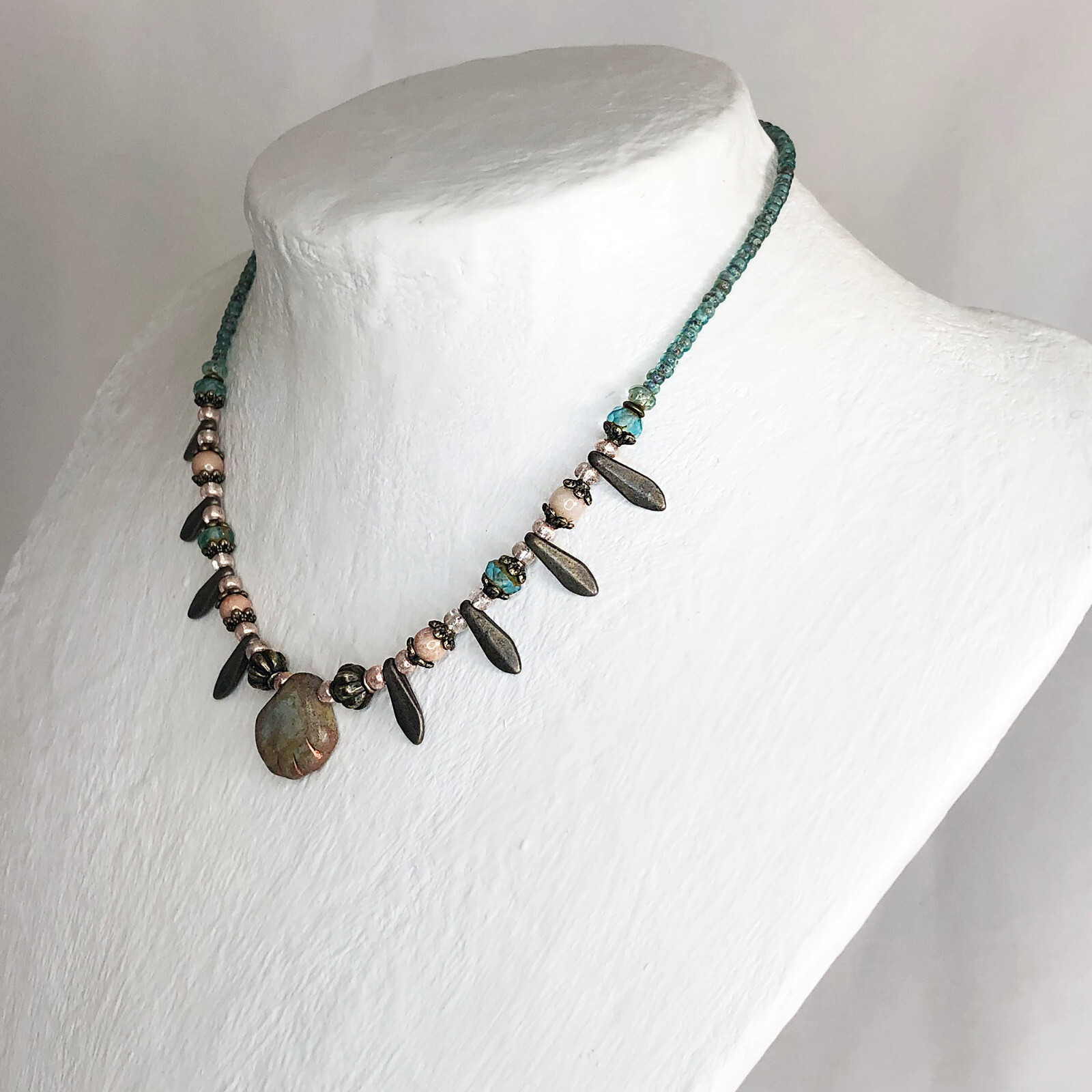 Rustic Czech Glass Picasso Sea Shell Choker with Bronze Daggers