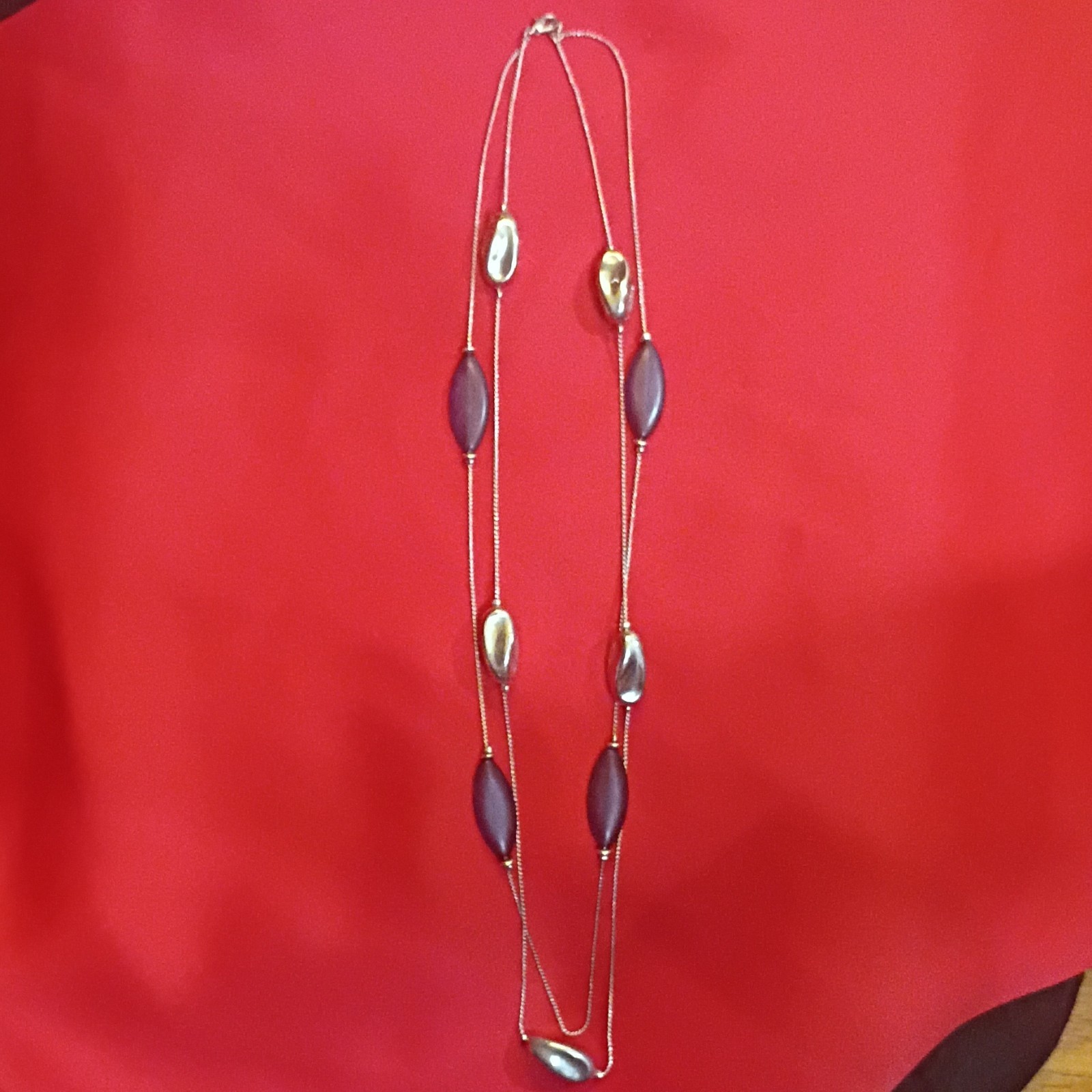 Silver Tone Rope Chain Station Necklace Red Beads Lobster Clasp