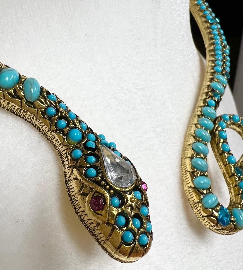 Blue Topaz Turquoise Rhinestone Snake Necklace Wrap Victorian Egyptian Rev. Faux
