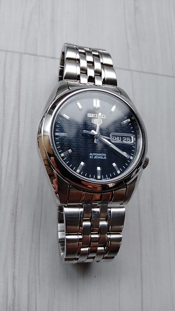 Seiko 5 SNK361K1 7S26 Automatic 21 Jewels Navy Monogram Dial See-Through Back Da