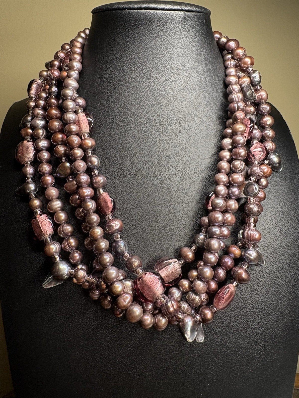 Handmade Mauve Potato Freshwater & Baroque Pearl Glass Multistrand Necklace 20”