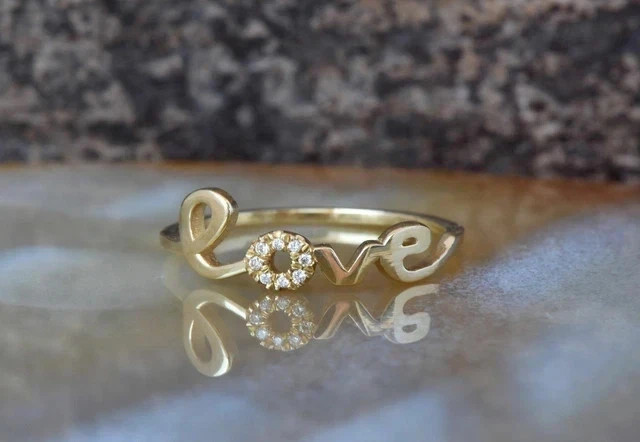 Real Moissanite 1.80Ct Round Cut Love Design Wedding Ring 14K Yellow Gold Plated