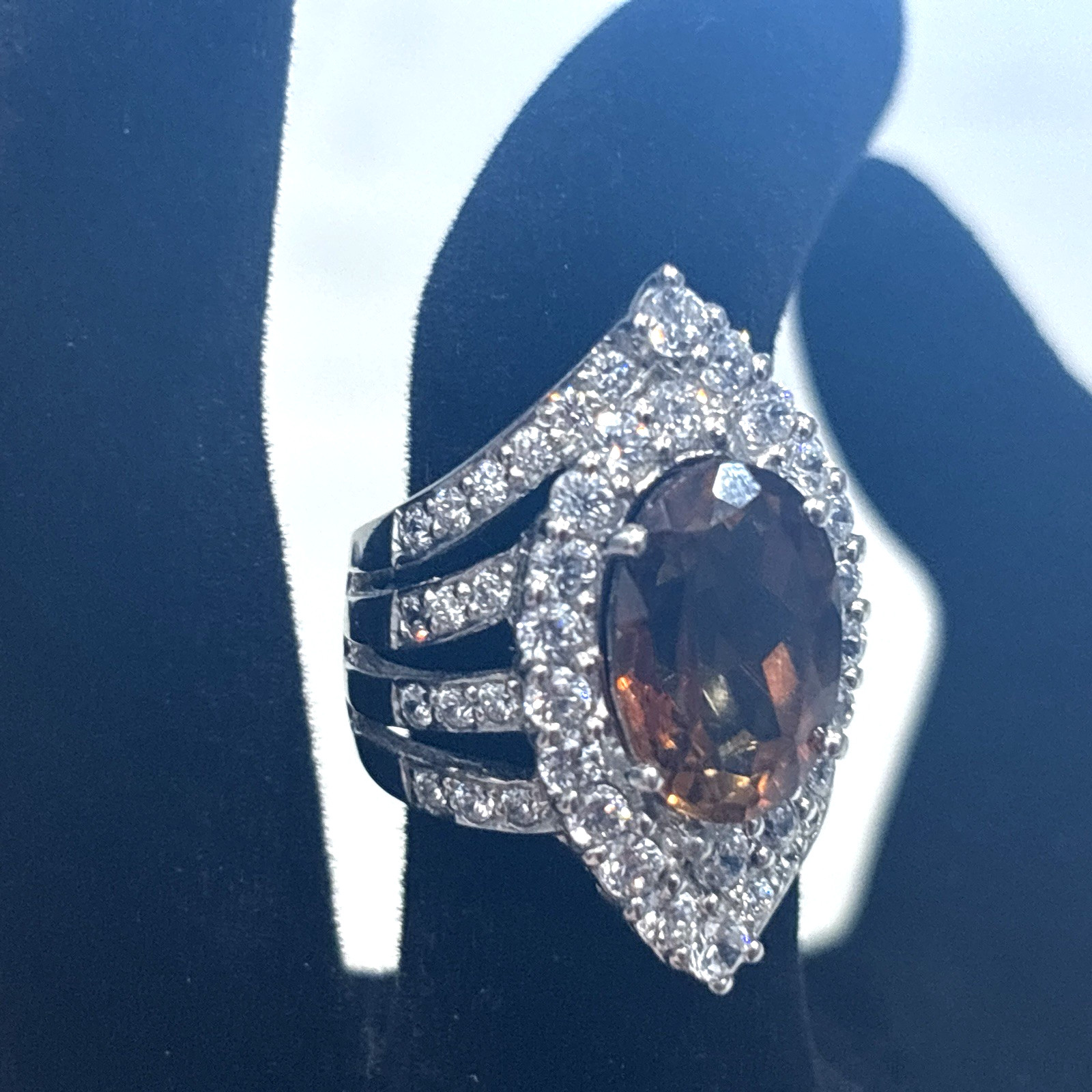 Sterling Silver Ring Statement Cocktail Brown Orange Stone CZ Split Shank 6.5
