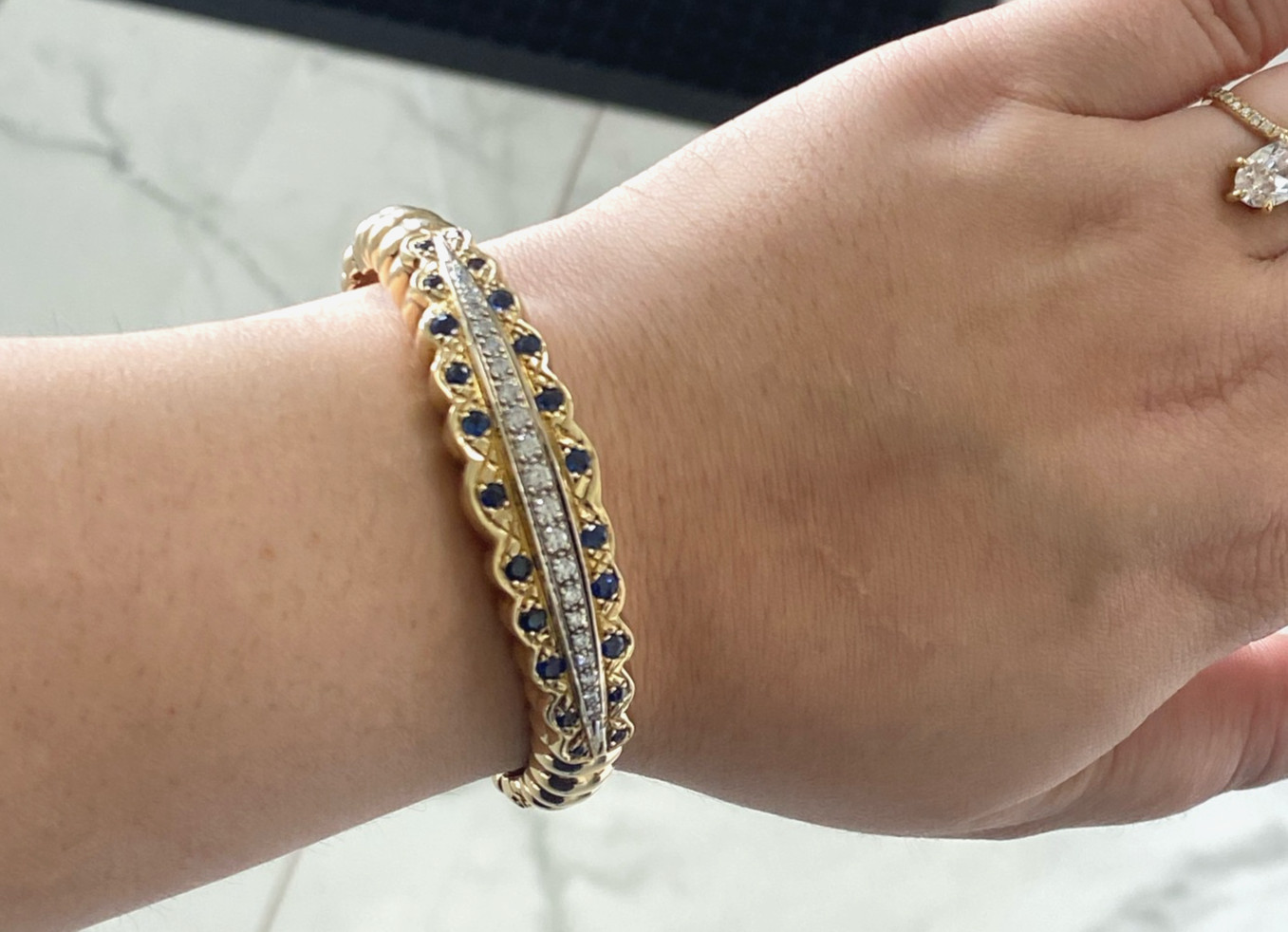 Estate Dankner 10k/14k Yellow Gold Sapphire Diamond Bangle Cuff Tennis Bracelet