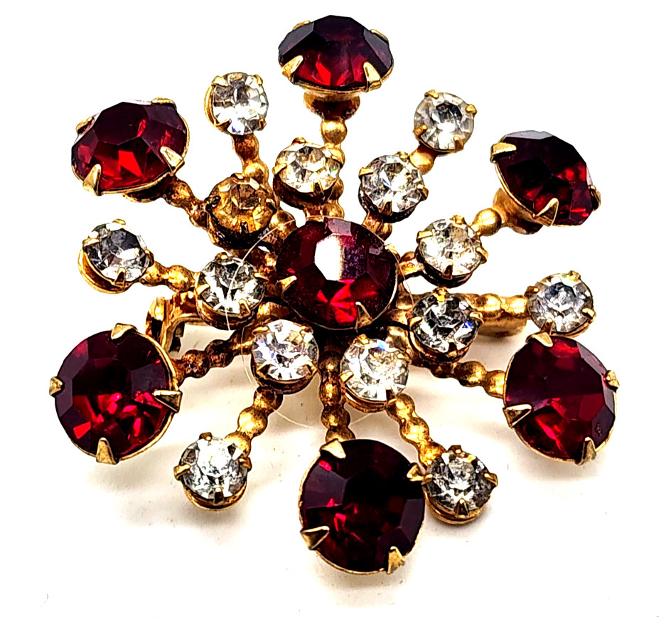 Vintage Brooch Red Clear Rhinestone Sunburst Gold Tone Pin Round Length 1 3/4 in