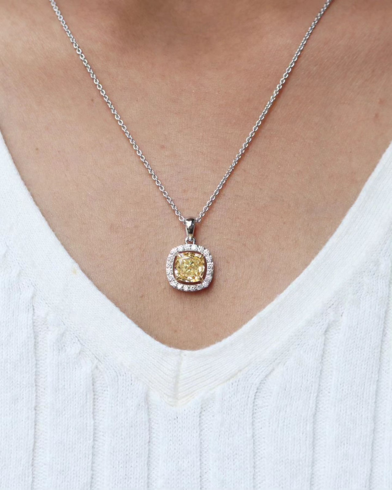Cushion Yellow Moissanite Halo Pendant Necklace Valentine’s Day Gift for Her