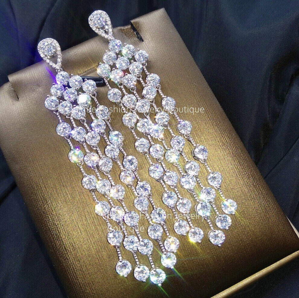18k White Gold Filled Long Chandelier Earrings made w Swarovski Crystal Stone